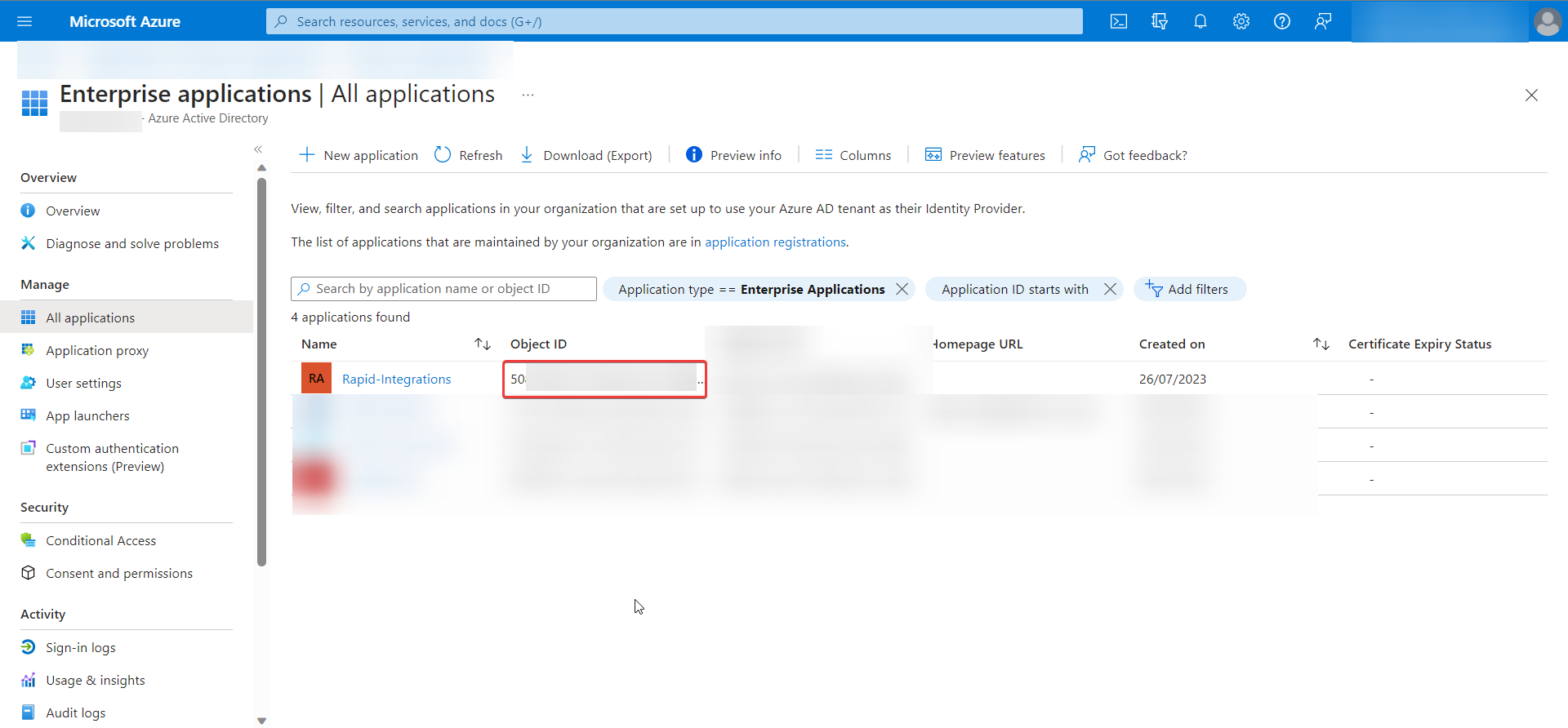 Entra Enterprise application panel